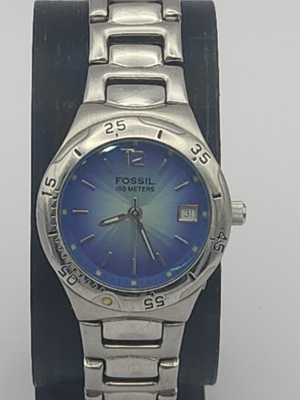 FOSSIL BLUE AM 3719 Women's Stainless Steel Watch Blue Dial Date New Battery